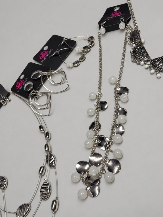 Paparazzi Jewelry - Paparazzi Silver White Bundle 3 Necklace Earring Sets 2 Extra Earring Pairs